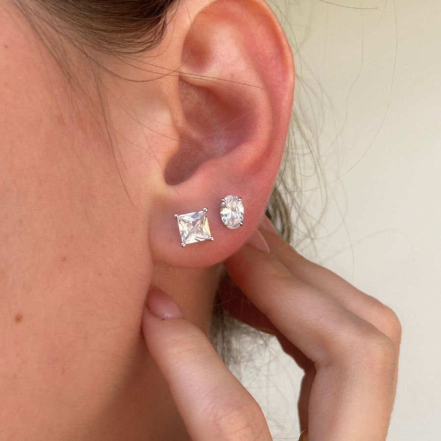 Princess Cut Stud Earrings Silver