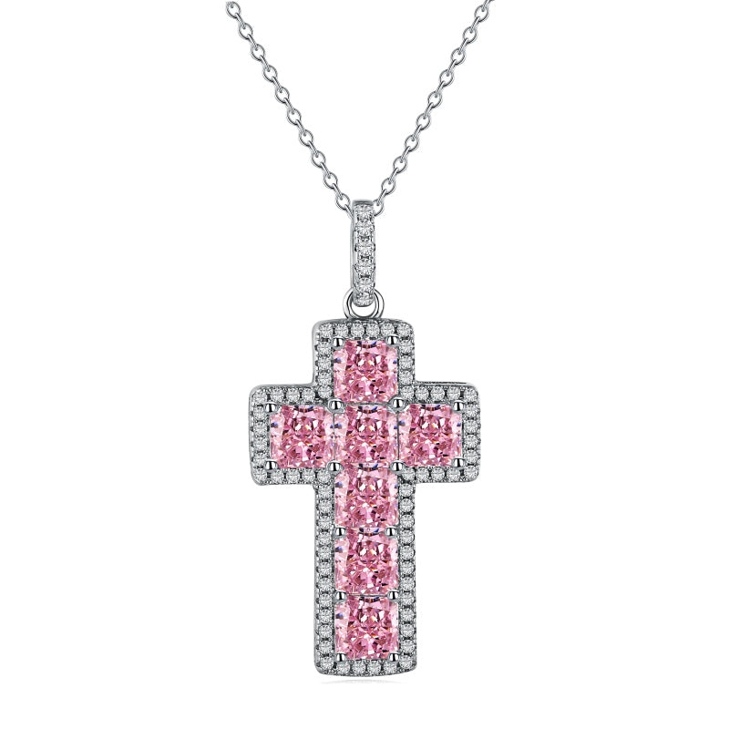 White gold super glitter retailer pink diamond princess square pendant cross chain