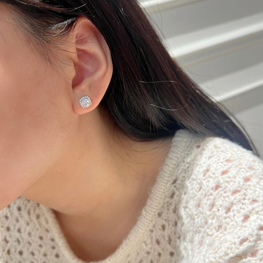 Delia Brilliant Cut Halo Moissanite Stud Earrings Silver