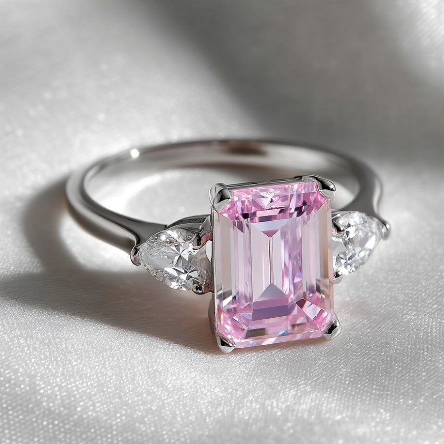 Kasia Emerald Cut Trilogy Ring Pink