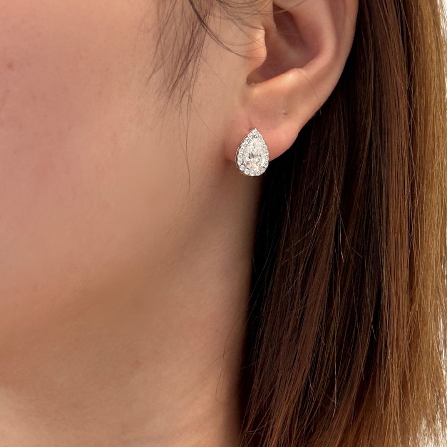 Perna Pear Cut Moissanite Halo Earrings Silver