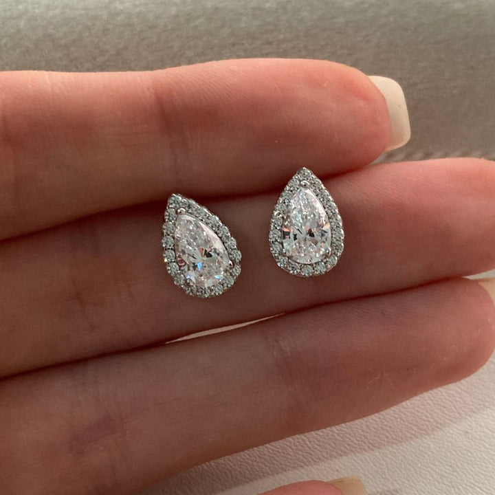 Perna Pear Cut Halo Earrings Silver