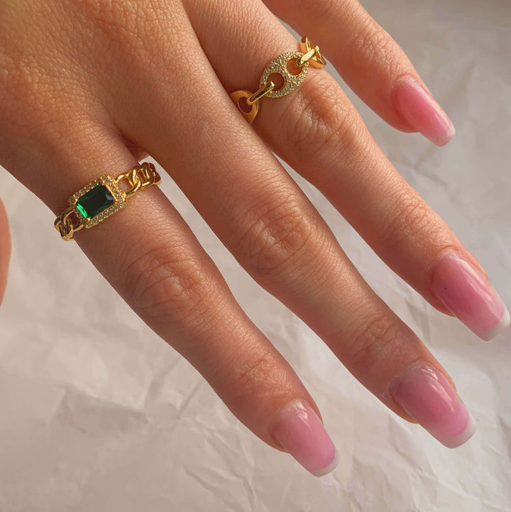 Emerald Green Radiant + Halo Ring